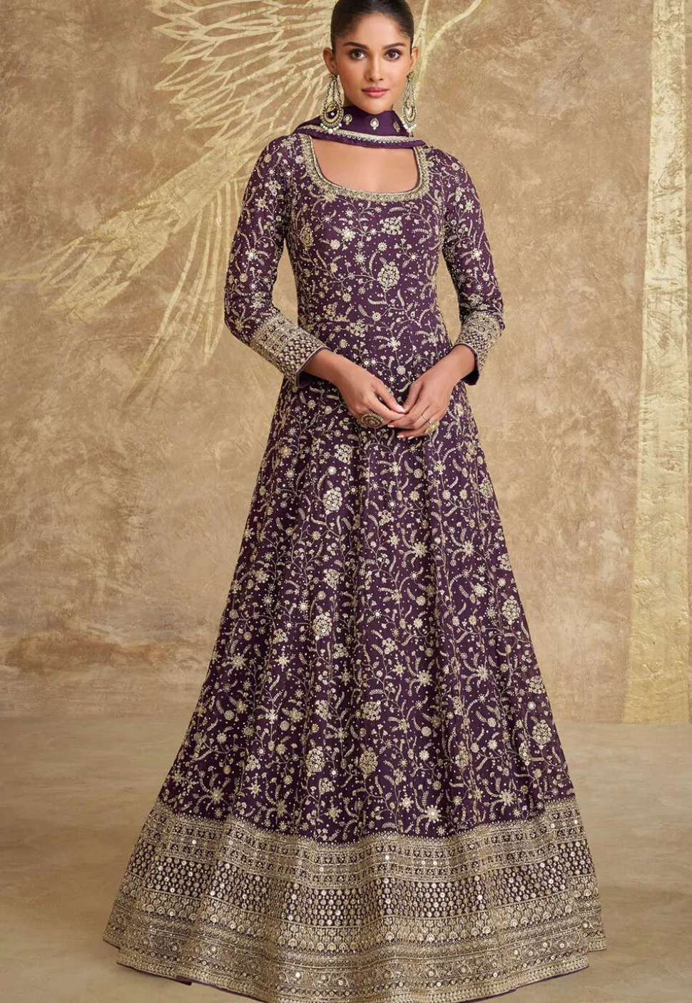 Embroidered Georgette Abaya Style Suit in Dark Purple