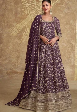 Embroidered Georgette Abaya Style Suit in Dark Purple