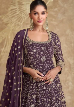 Embroidered Georgette Abaya Style Suit in Dark Purple