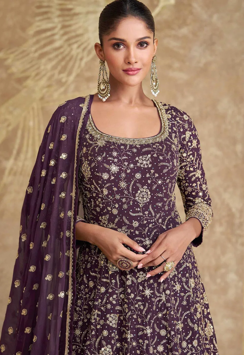 Embroidered Georgette Abaya Style Suit in Dark Purple