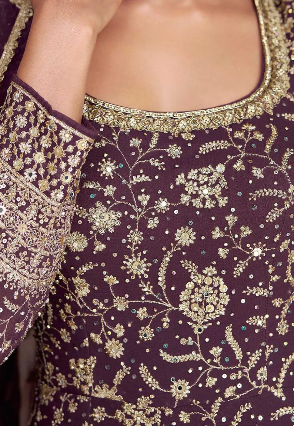 Embroidered Georgette Abaya Style Suit in Dark Purple