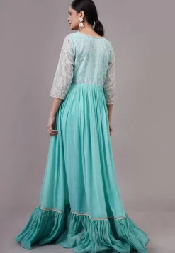 Embroidered Georgette Abaya Style Suit in Blue