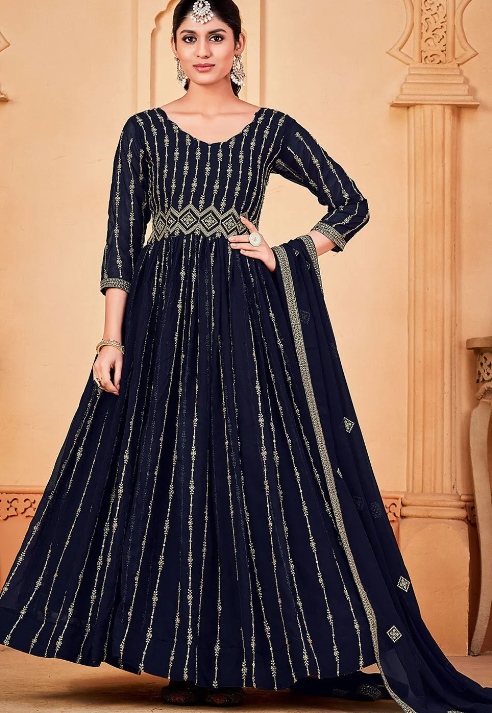 Embroidered Georgette Abaya Style Suit in Navy Blue