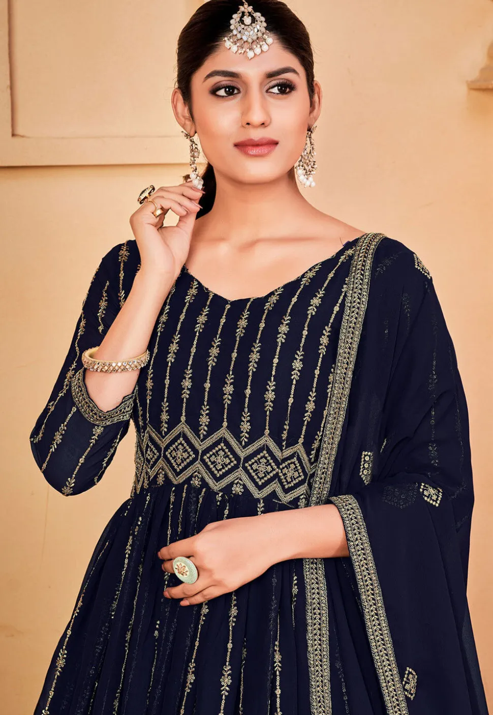 Embroidered Georgette Abaya Style Suit in Navy Blue