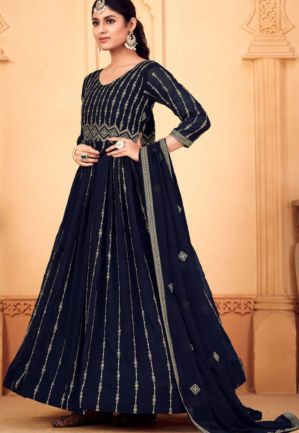 Embroidered Georgette Abaya Style Suit in Navy Blue