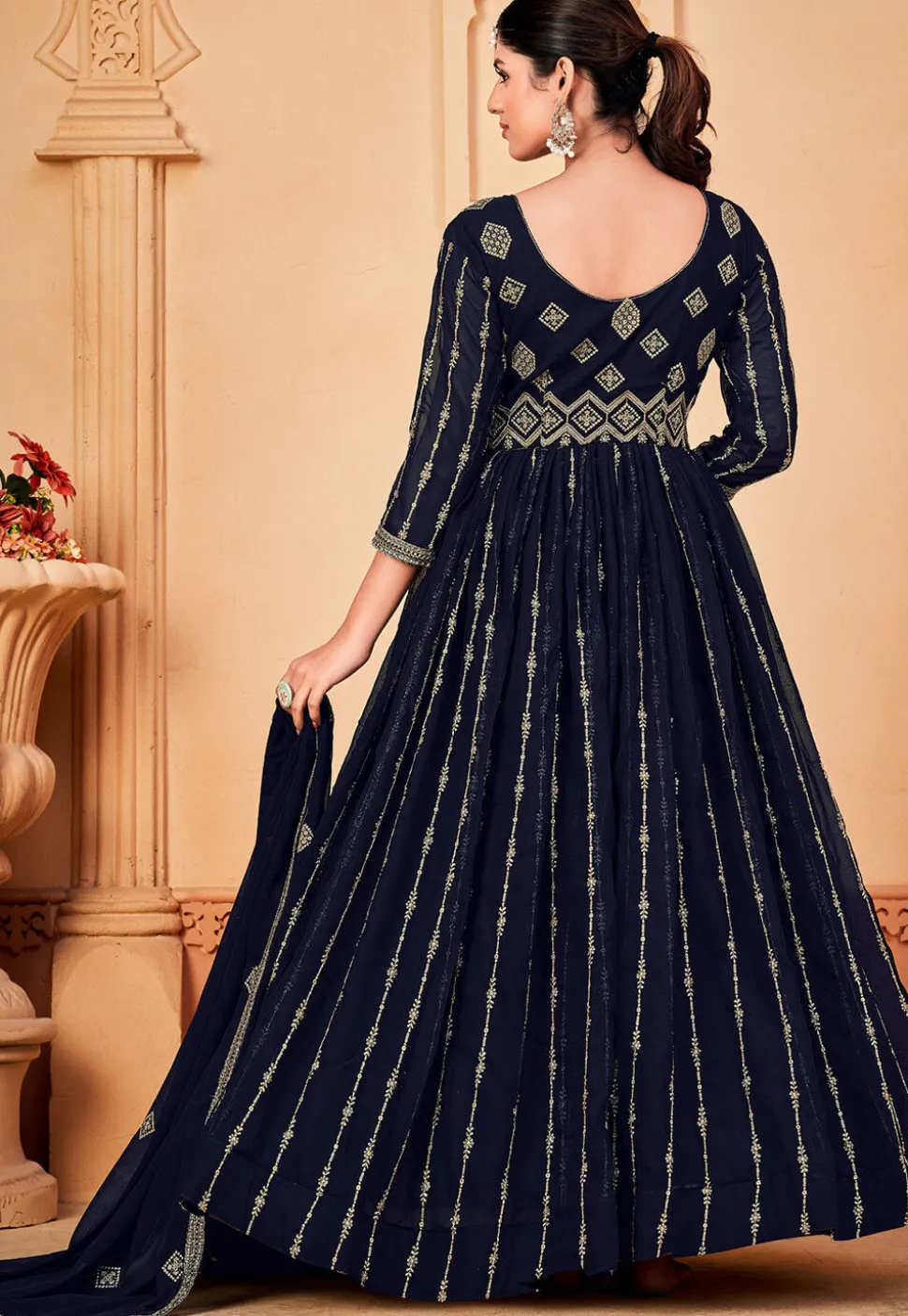 Embroidered Georgette Abaya Style Suit in Navy Blue