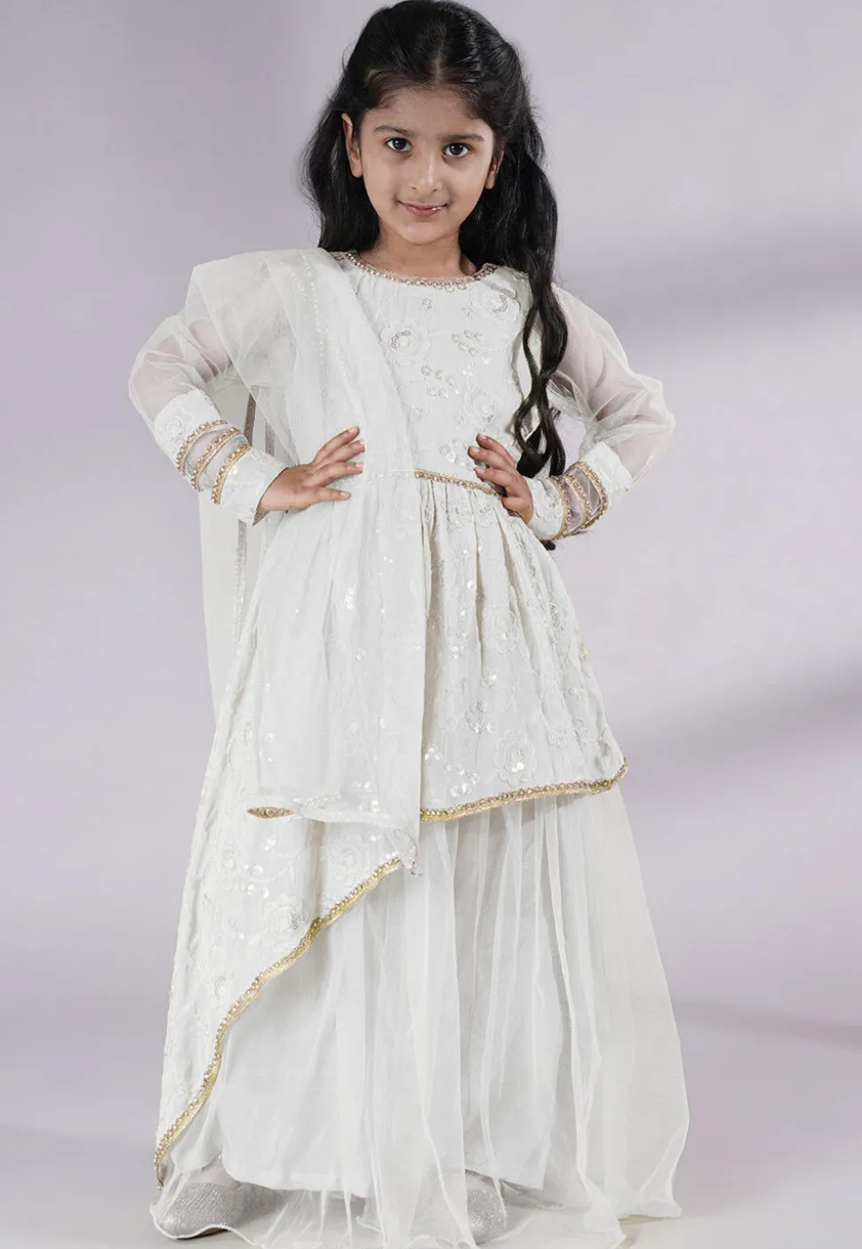 Embroidered Georgette Abaya Style Suit in White