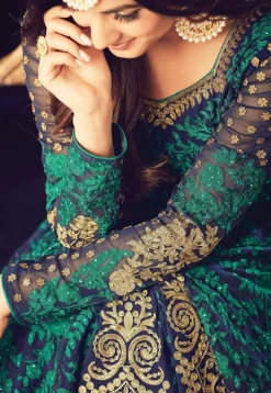 Embroidered Georgette Abaya Style Suit in Navy Blue