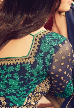 Embroidered Georgette Abaya Style Suit in Navy Blue
