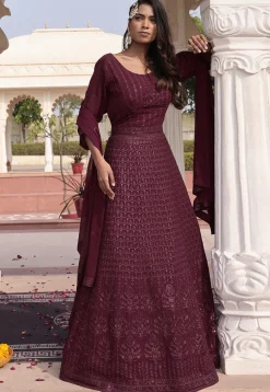 Embroidered Georgette Abaya Style Suit in Wine