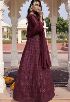 Embroidered Georgette Abaya Style Suit in Wine
