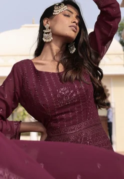 Embroidered Georgette Abaya Style Suit in Wine