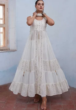Embroidered Georgette Abaya Style Suit in Off White