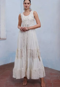 Embroidered Georgette Abaya Style Suit in Off White