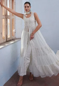 Embroidered Georgette Abaya Style Suit in Off White
