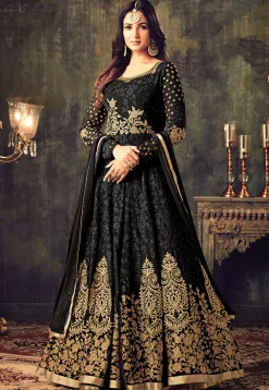 Embroidered Georgette Abaya style Kameez in Black