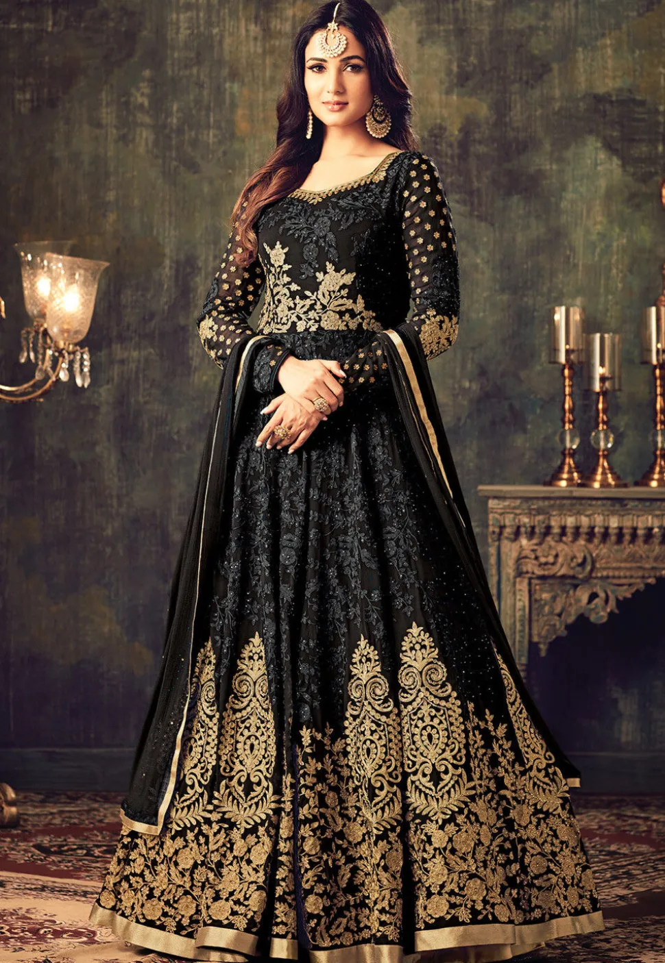 Embroidered Georgette Abaya style Kameez in Black