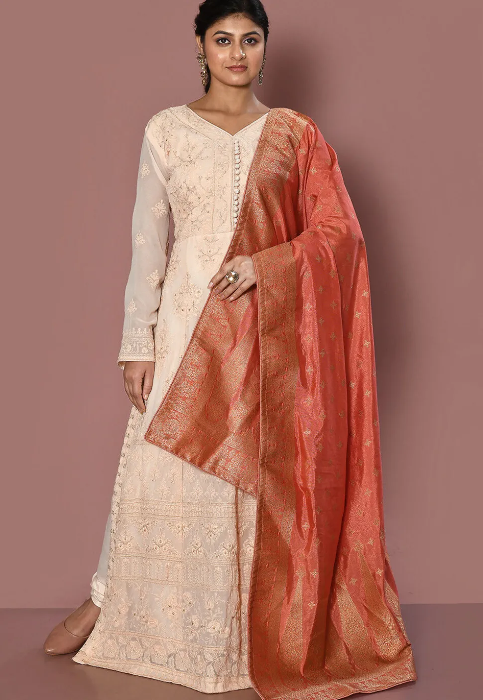 Embroidered Georgette Abaya Style Suit in Peach