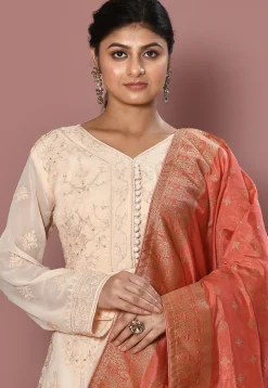Embroidered Georgette Abaya Style Suit in Peach