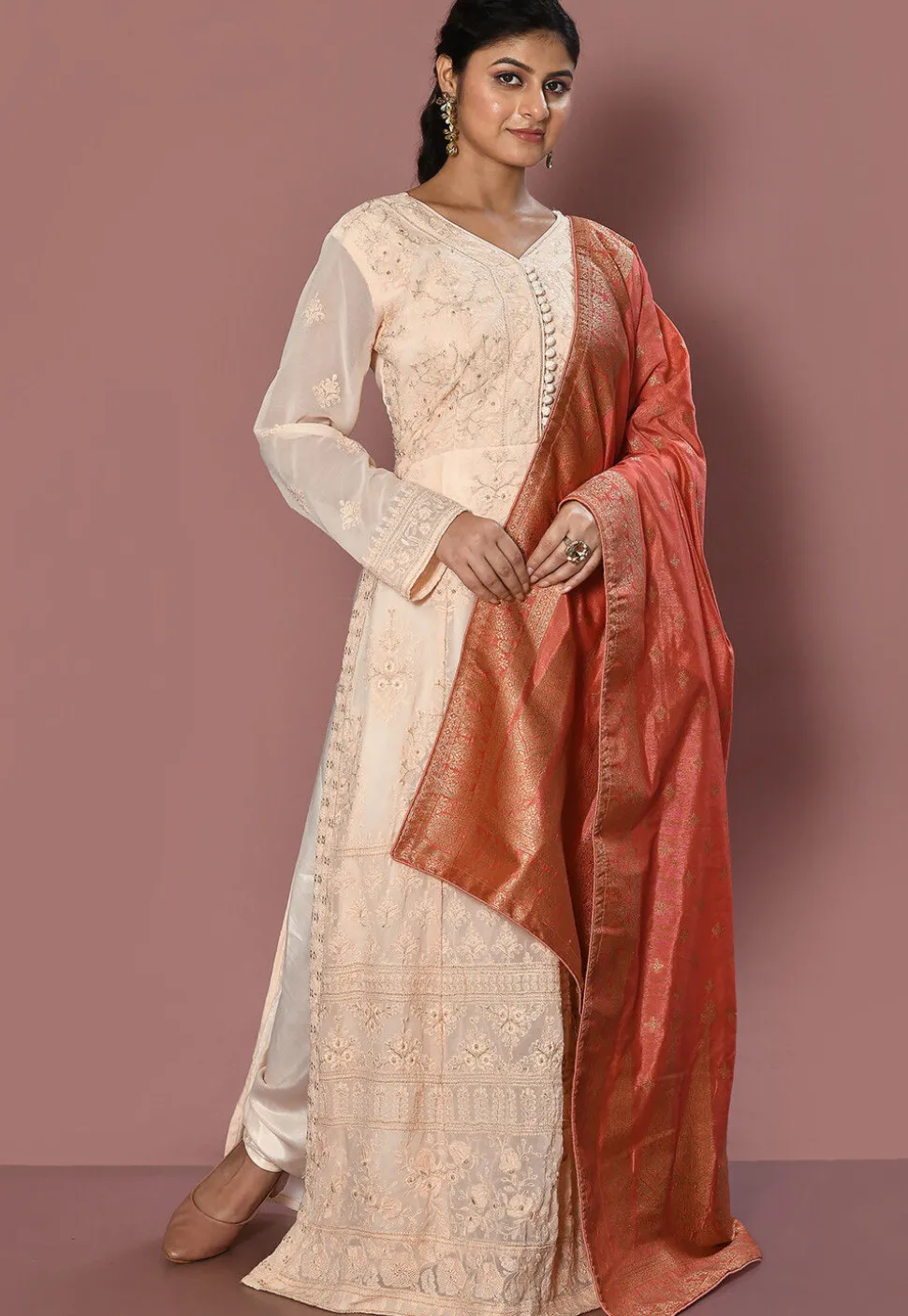 Embroidered Georgette Abaya Style Suit in Peach