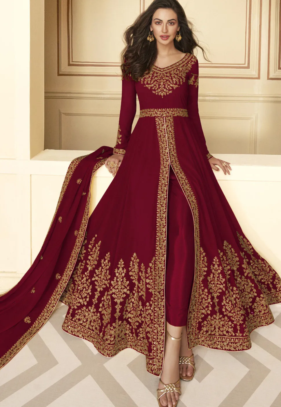 Embroidered Georgette Abaya Style Suit in Maroon