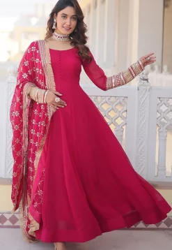 Embroidered Georgette Abaya Style Suit in Fuchsia