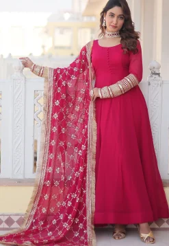 Embroidered Georgette Abaya Style Suit in Fuchsia