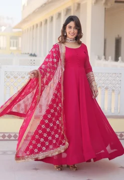 Embroidered Georgette Abaya Style Suit in Fuchsia