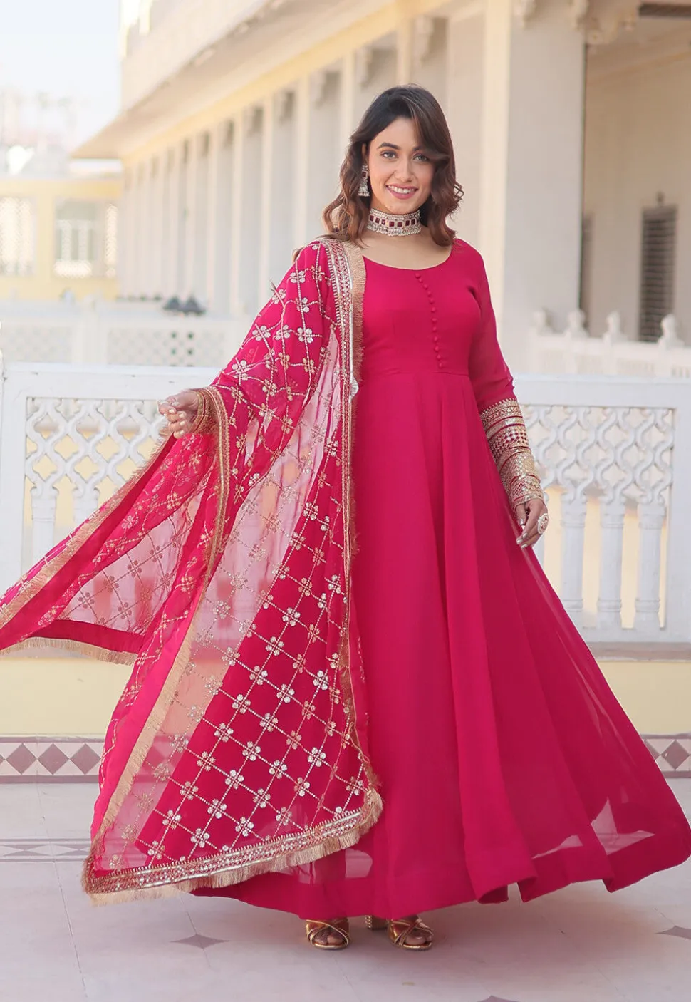 Embroidered Georgette Abaya Style Suit in Fuchsia