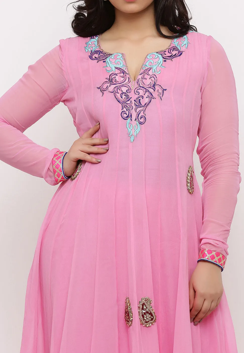 Embroidered Georgette Abaya Style Suit in Pink