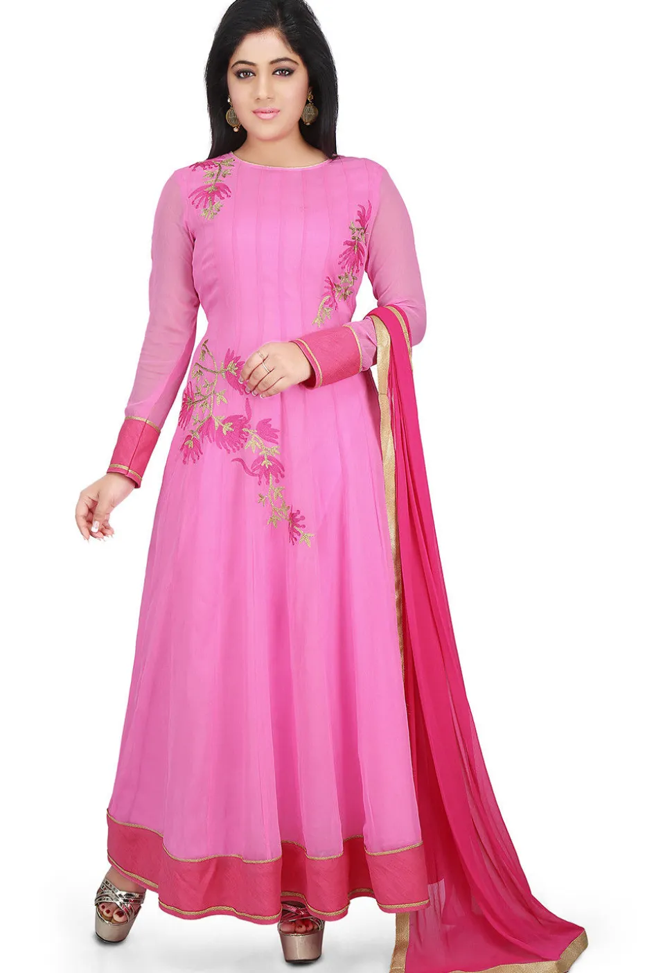 Embroidered Georgette Abaya Style Suit in Pink