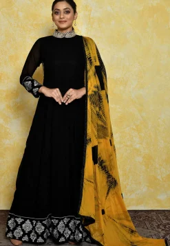 Embroidered Georgette Abaya Style Suit in Black
