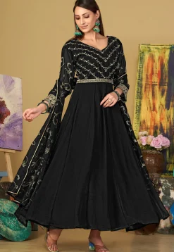 Embroidered Georgette Abaya Style Suit in Black