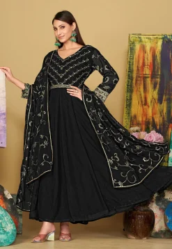Embroidered Georgette Abaya Style Suit in Black