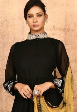 Embroidered Georgette Abaya Style Suit in Black