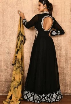 Embroidered Georgette Abaya Style Suit in Black