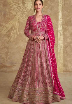 Embroidered Georgette Abaya Style Suit in Pink