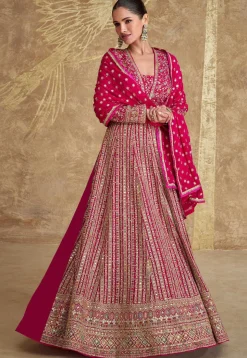 Embroidered Georgette Abaya Style Suit in Pink