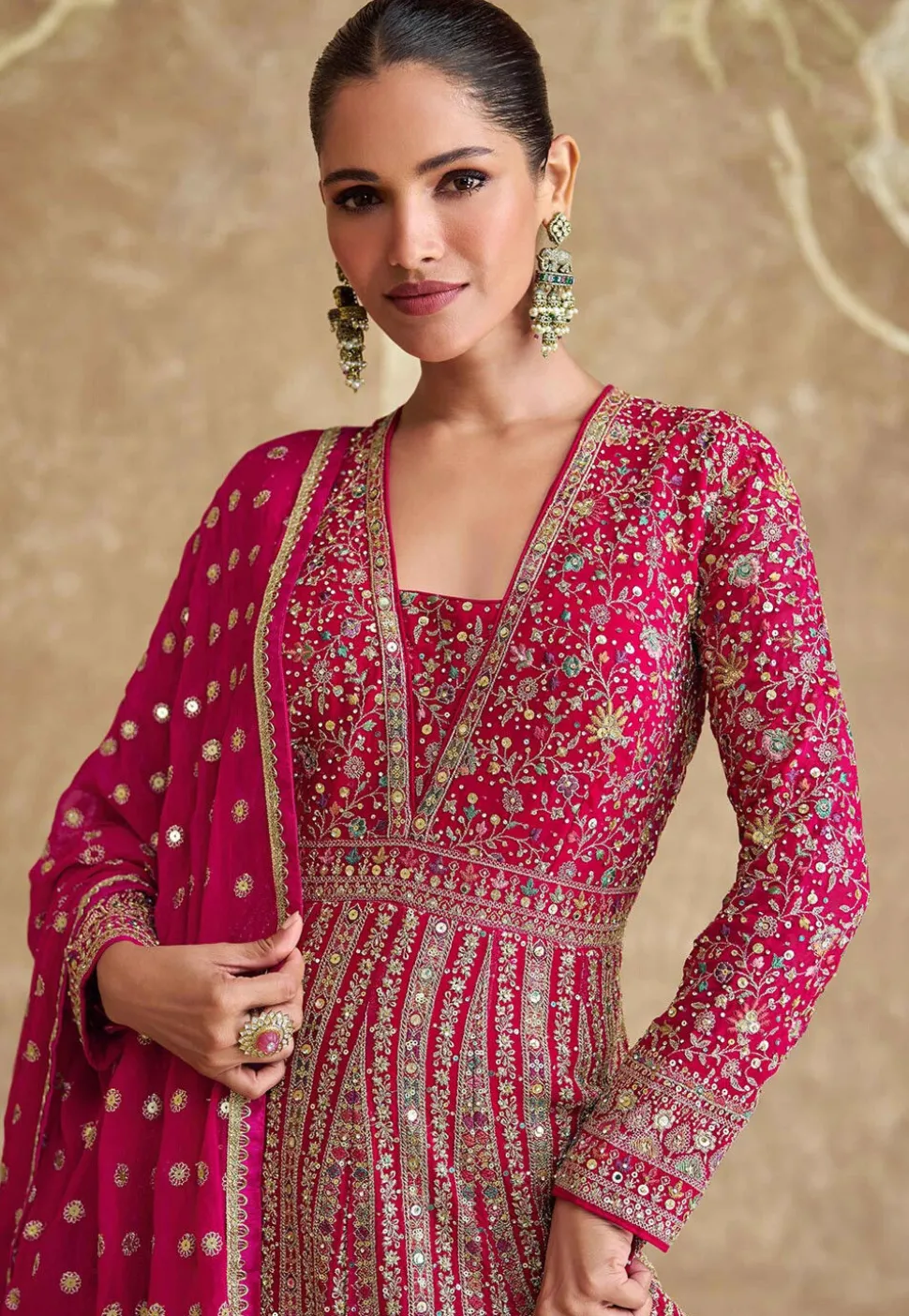 Embroidered Georgette Abaya Style Suit in Pink
