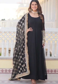 Embroidered Georgette Abaya Style Suit in Black