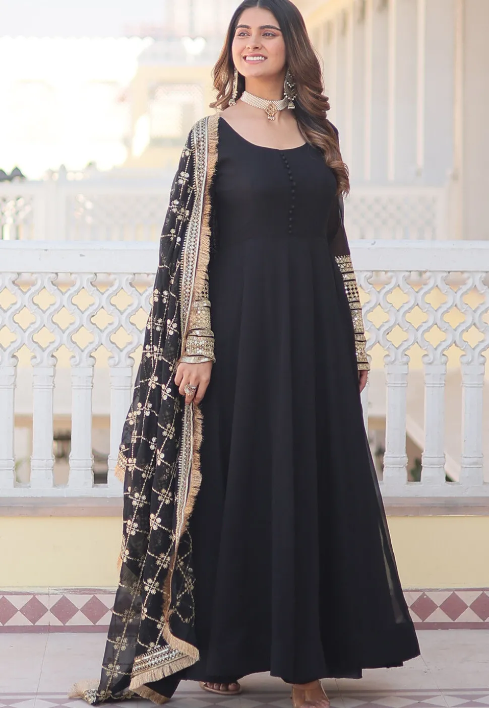 Embroidered Georgette Abaya Style Suit in Black