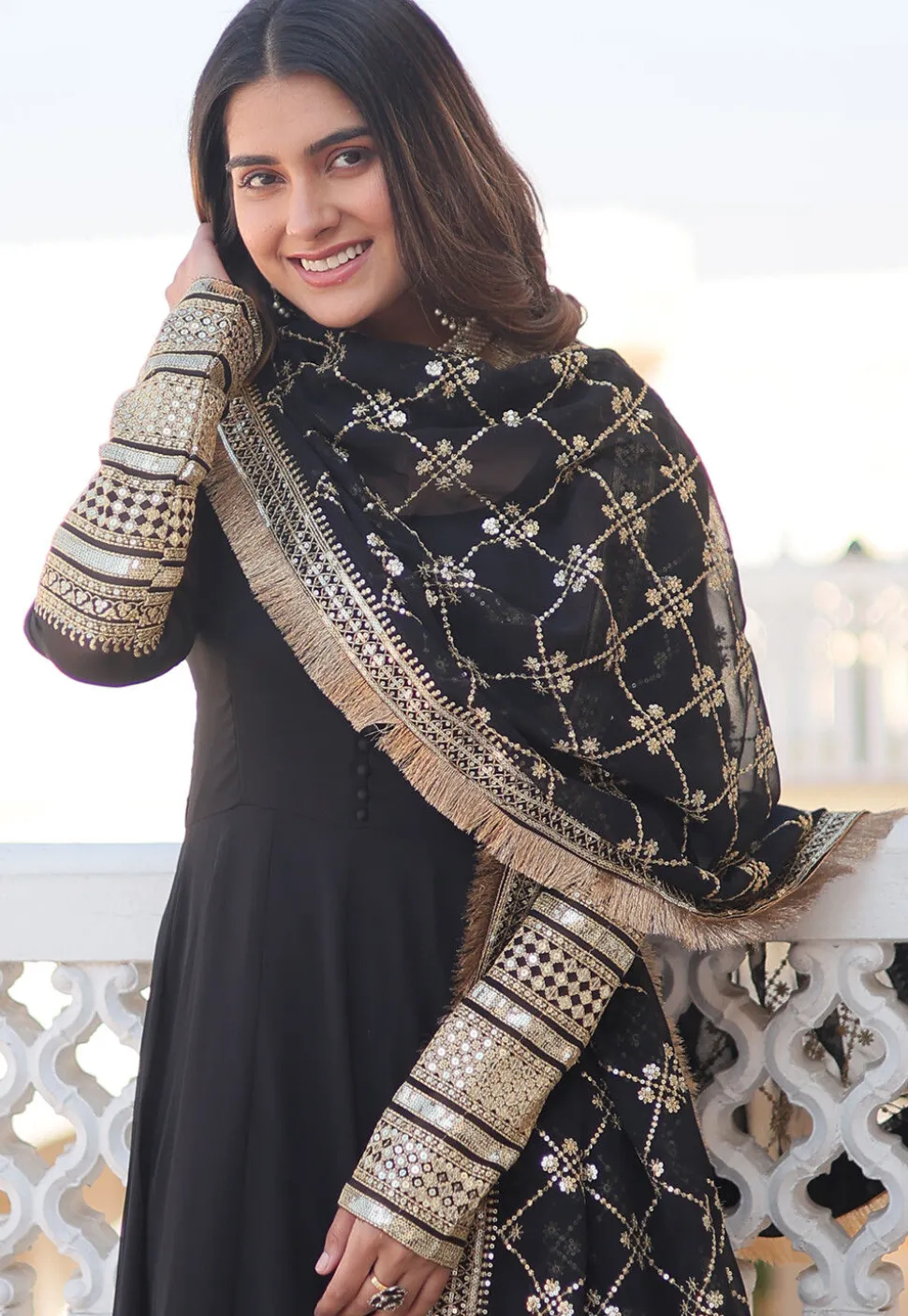 Embroidered Georgette Abaya Style Suit in Black