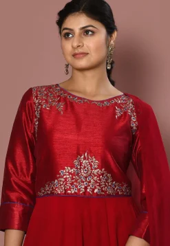Embroidered Georgette Abaya Style Suit in Maroon