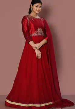 Embroidered Georgette Abaya Style Suit in Maroon
