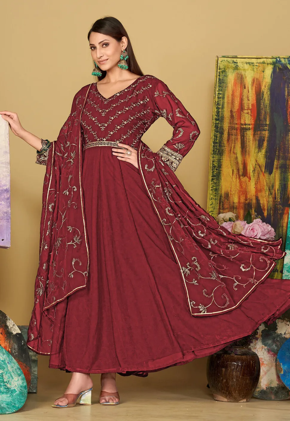 Embroidered Georgette Abaya Style Suit in Maroon