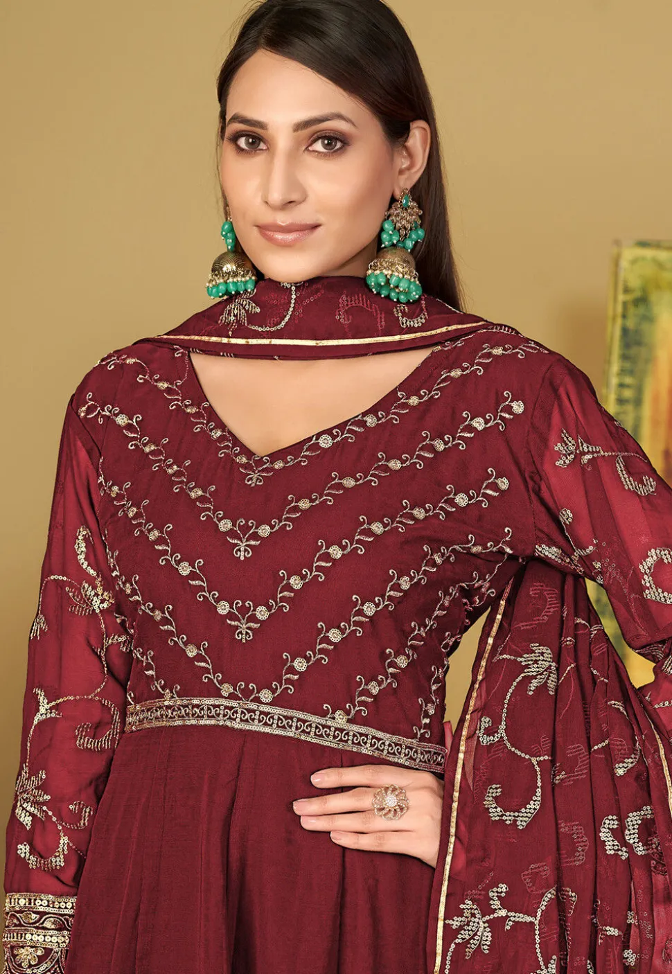 Embroidered Georgette Abaya Style Suit in Maroon