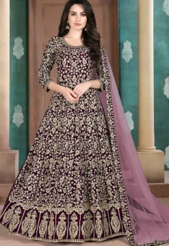 Embroidered Georgette Abaya Style Suit in Wine