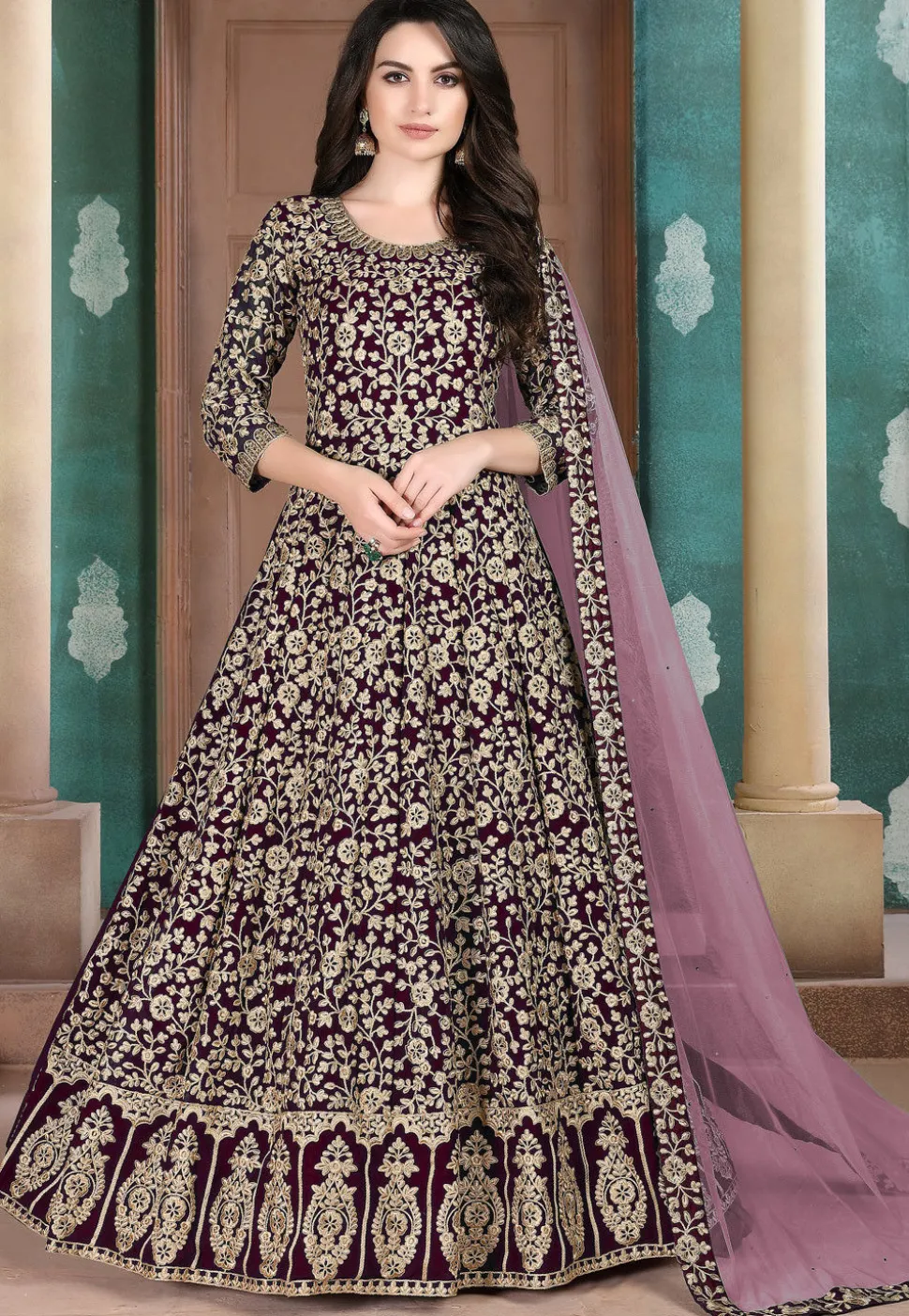 Embroidered Georgette Abaya Style Suit in Wine