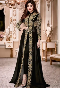 Embroidered Georgette Abaya Style Suit in Black