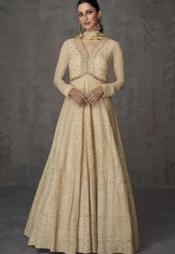 Embroidered Georgette Abaya Style Suit in Beige